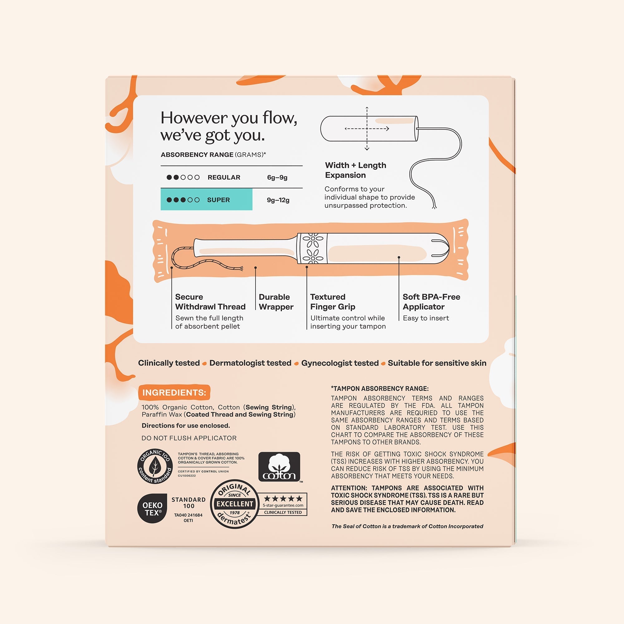 Super 100% Organically Grown Cotton BPA Free Plastic Applicator Tampons